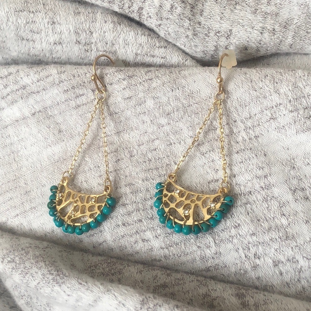 Turquoise Beaded Fan Earrings with Gold Tone Metal | Boho Statement Drop